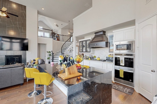kitchen featuring ceiling fan, high vaulted ceiling, premium range hood, stainless steel appliances, and glass insert cabinets