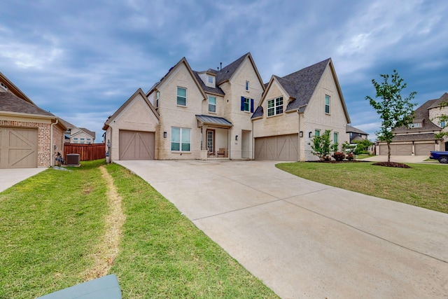 view of front of property with brick siding, central AC, driveway, and a garage