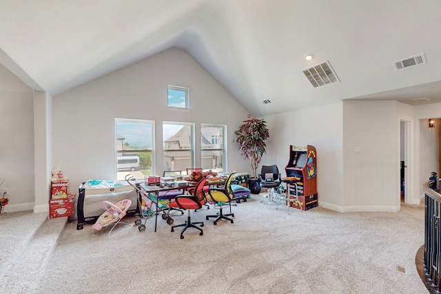 game room featuring visible vents, baseboards, carpet floors, and vaulted ceiling