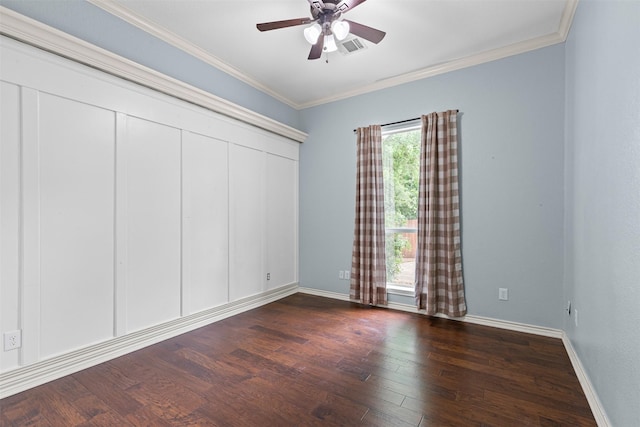 unfurnished bedroom with a closet, baseboards, ornamental molding, and dark wood-type flooring
