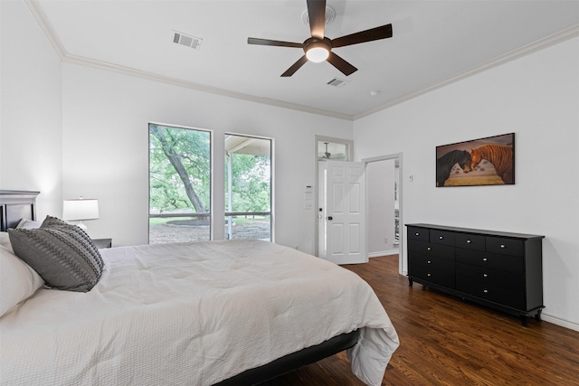 bedroom with ceiling fan, visible vents, ornamental molding, and wood finished floors