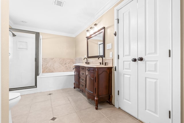 full bathroom with visible vents, tile patterned flooring, double vanity, a bath, and a stall shower