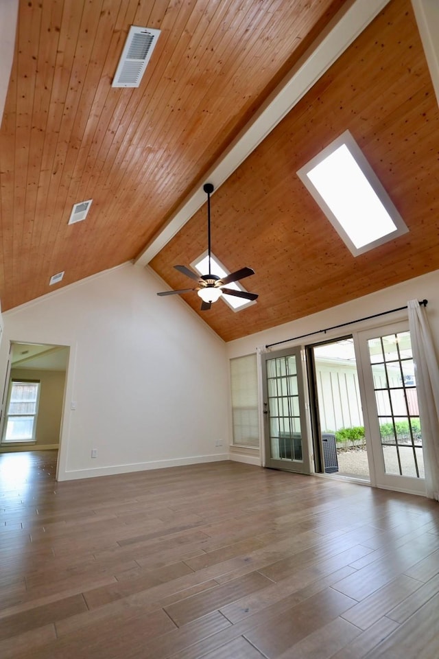 3509 Arbuckle Dr, Plano, TX 75075 - unfurnished living room featuring visible vents, lofted ceiling with beams, baseboards, and ceiling fan