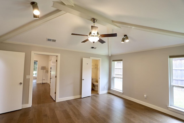 3509 Arbuckle Dr, Plano, TX 75075 - unfurnished bedroom with vaulted ceiling with beams, baseboards, visible vents, and dark wood finished floors