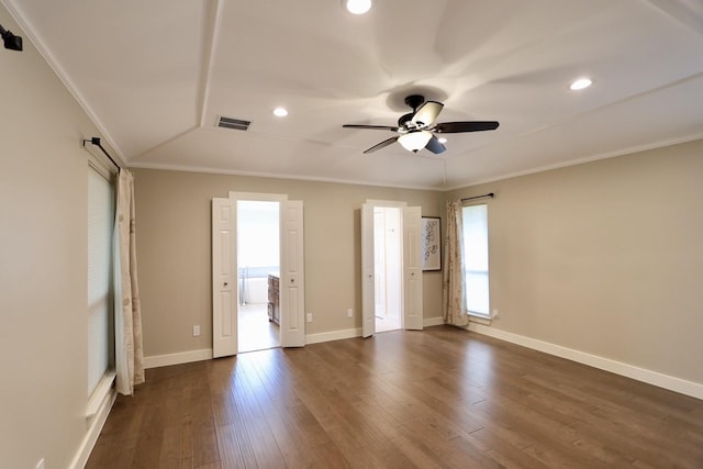 3509 Arbuckle Dr, Plano, TX 75075 - empty room with crown molding, a ceiling fan, visible vents, and dark wood finished floors