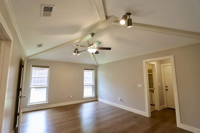 3509 Arbuckle Dr, Plano, TX 75075 - unfurnished bedroom featuring crown molding, dark wood-style flooring, lofted ceiling with beams, baseboards, and visible vents