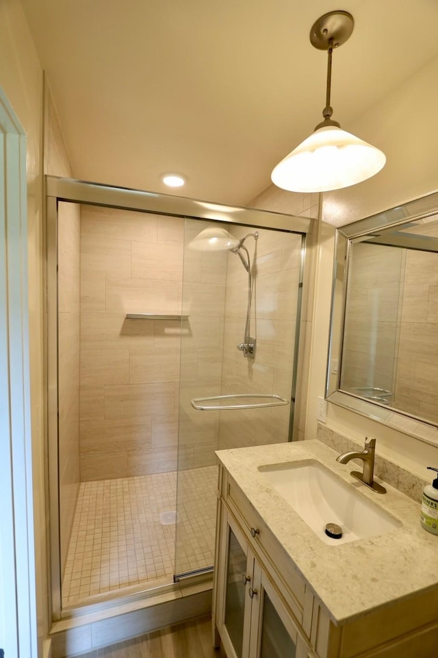 3509 Arbuckle Dr, Plano, TX 75075 - full bathroom featuring vanity, recessed lighting, and a stall shower