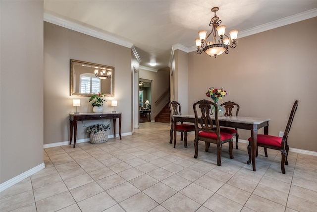 3788 Zion Rd, Garland, TX 75043 - dining room featuring crown molding, light tile patterned floors, baseboards, and a chandelier