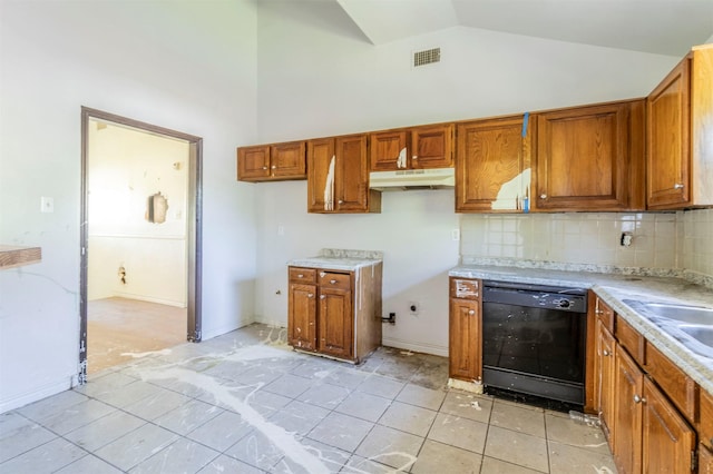 kitchen featuring visible vents, light countertops, under cabinet range hood, brown cabinets, and dishwasher