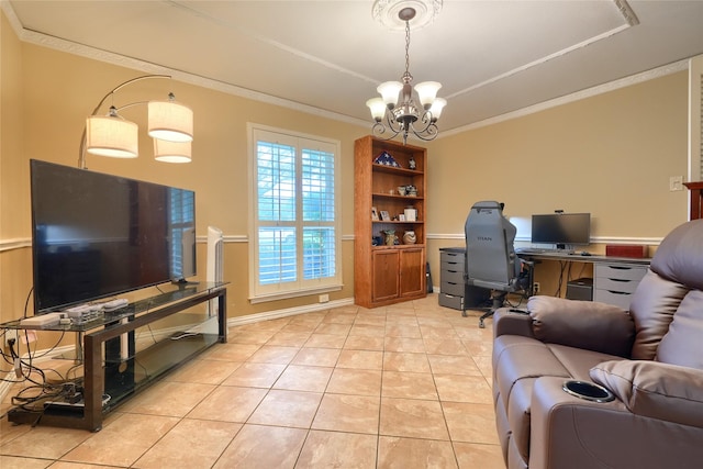 home office with crown molding, a raised ceiling, baseboards, an inviting chandelier, and light tile patterned flooring