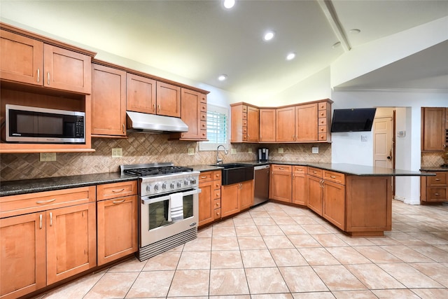 kitchen with appliances with stainless steel finishes, a sink, backsplash, a peninsula, and under cabinet range hood
