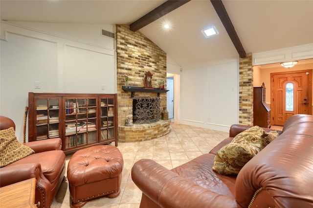 tiled living room featuring vaulted ceiling with beams, a brick fireplace, a decorative wall, and visible vents
