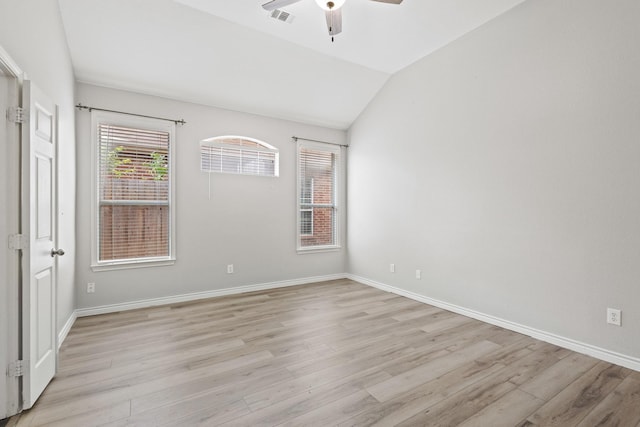 689 Bonham Dr, Lavon, TX 75166 - unfurnished room featuring ceiling fan, baseboards, lofted ceiling, light wood-type flooring, and visible vents