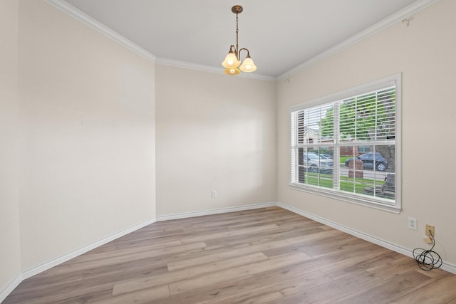 689 Bonham Dr, Lavon, TX 75166 - empty room with an inviting chandelier, baseboards, ornamental molding, and light wood-type flooring