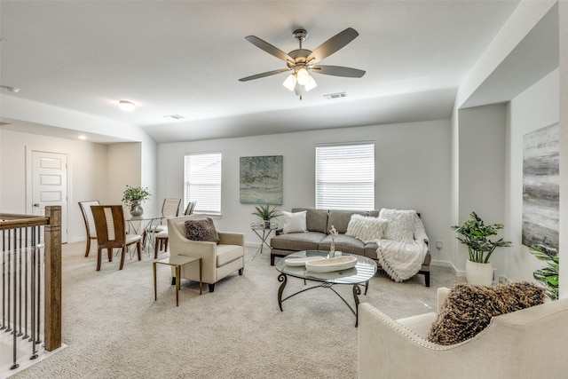 1213 Shire, Aubrey, TX 76227 - living room featuring light colored carpet, a ceiling fan, visible vents, and baseboards