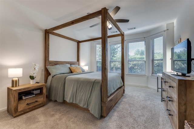 1213 Shire, Aubrey, TX 76227 - bedroom with baseboards, light carpet, a ceiling fan, and visible vents