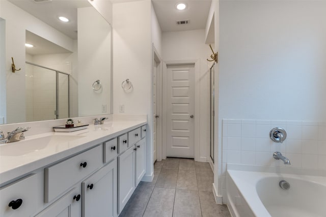 1213 Shire, Aubrey, TX 76227 - full bathroom with a garden tub, visible vents, a stall shower, a sink, and tile patterned floors