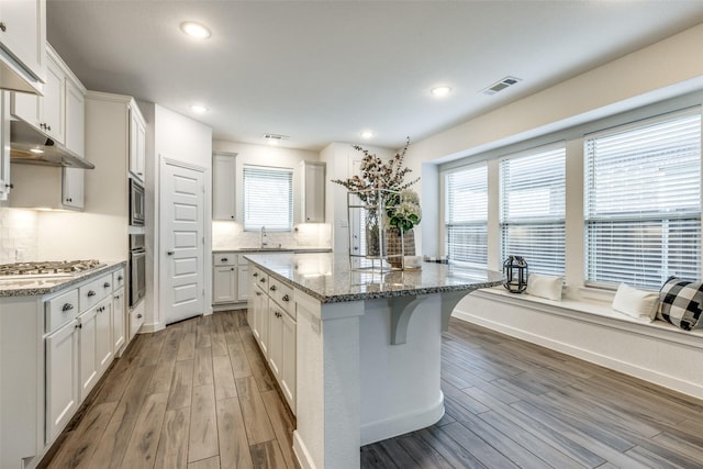 1213 Shire, Aubrey, TX 76227 - kitchen with appliances with stainless steel finishes, a center island, under cabinet range hood, and wood finished floors