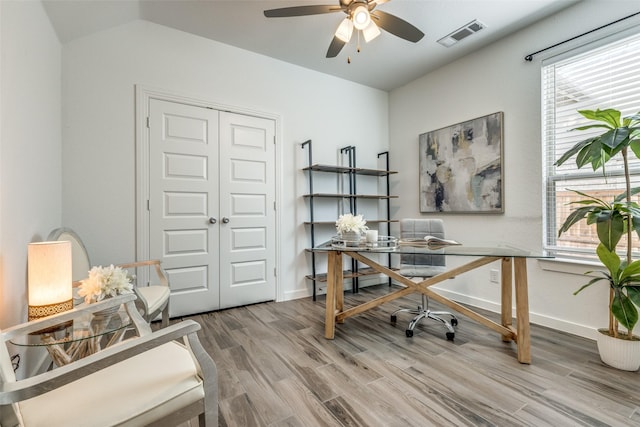 1213 Shire, Aubrey, TX 76227 - office with baseboards, ceiling fan, wood finished floors, and visible vents