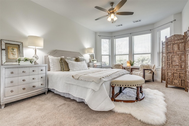1213 Shire, Aubrey, TX 76227 - bedroom with baseboards, light carpet, a ceiling fan, and visible vents