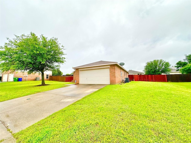 view of property exterior with fence, brick siding, central AC unit, a lawn, and driveway