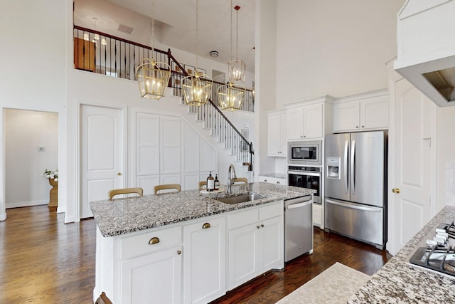kitchen with visible vents, a sink, dark wood-style floors, a high ceiling, and stainless steel appliances