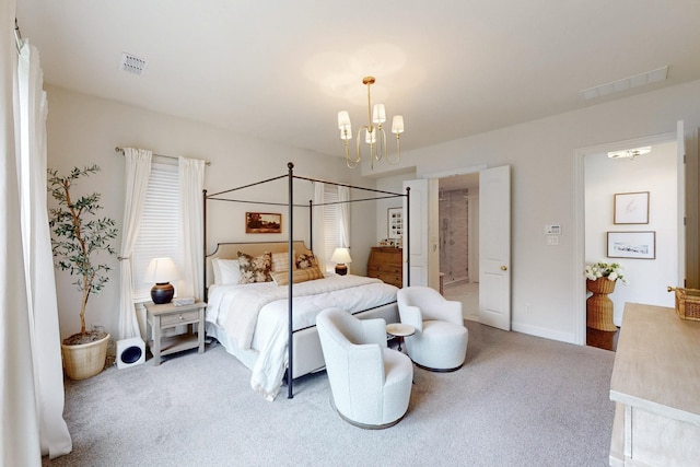 carpeted bedroom with baseboards, visible vents, and a chandelier