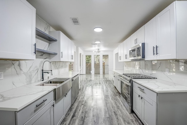 1441 Marlene Pl, Desoto, TX 75115 - kitchen featuring visible vents, open shelves, tasteful backsplash, a sink, and appliances with stainless steel finishes