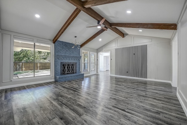 1441 Marlene Pl, Desoto, TX 75115 - unfurnished living room with a ceiling fan, vaulted ceiling with beams, a wealth of natural light, and a fireplace