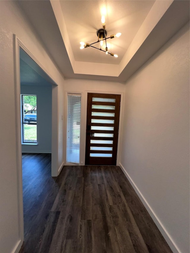 1441 Marlene Pl, Desoto, TX 75115 - entrance foyer featuring baseboards, a raised ceiling, and dark wood-type flooring