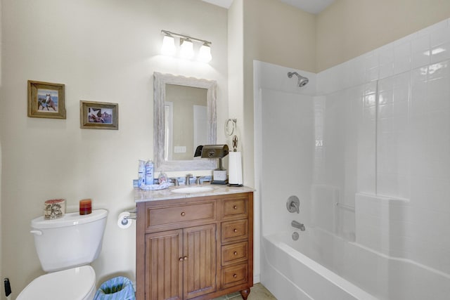 full bath featuring vanity, shower / tub combination, and toilet
