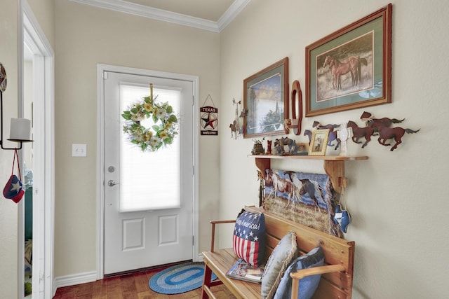 doorway with baseboards, ornamental molding, and wood finished floors