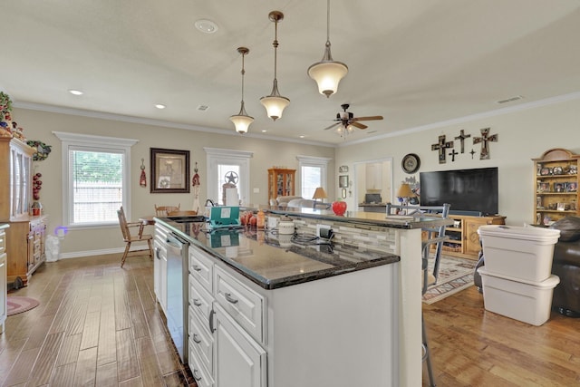 kitchen featuring open floor plan, light wood finished floors, ceiling fan, and dishwasher