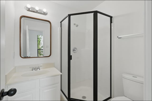 full bath with toilet, a shower stall, and vanity