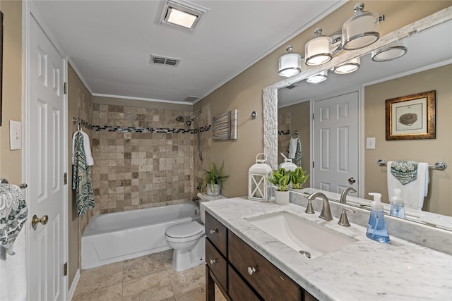 full bathroom featuring visible vents, ornamental molding, vanity, toilet, and shower / tub combination