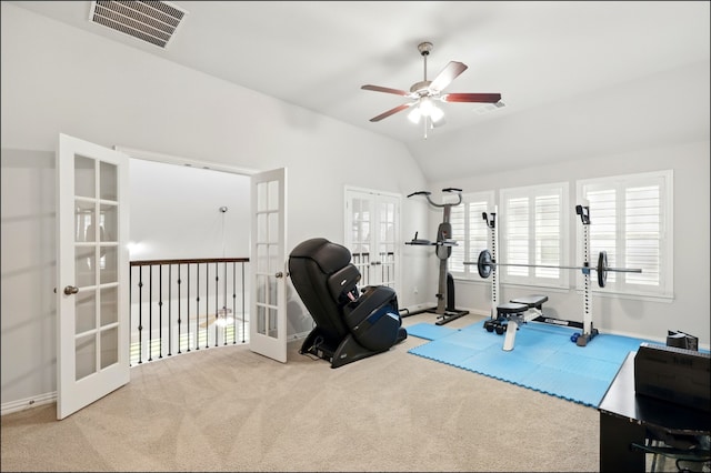 exercise area with carpet flooring, ceiling fan, visible vents, and french doors