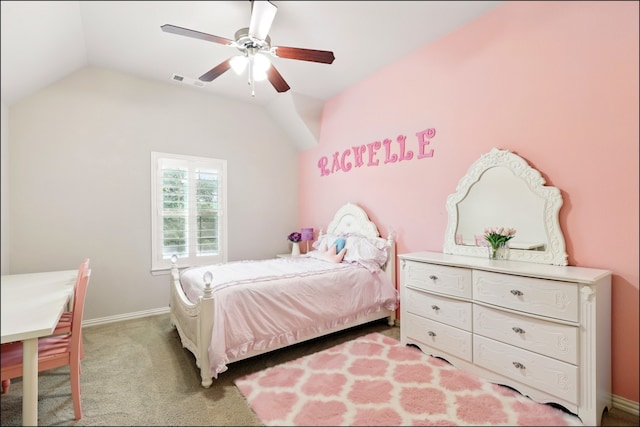 bedroom with visible vents, lofted ceiling, baseboards, a ceiling fan, and carpet