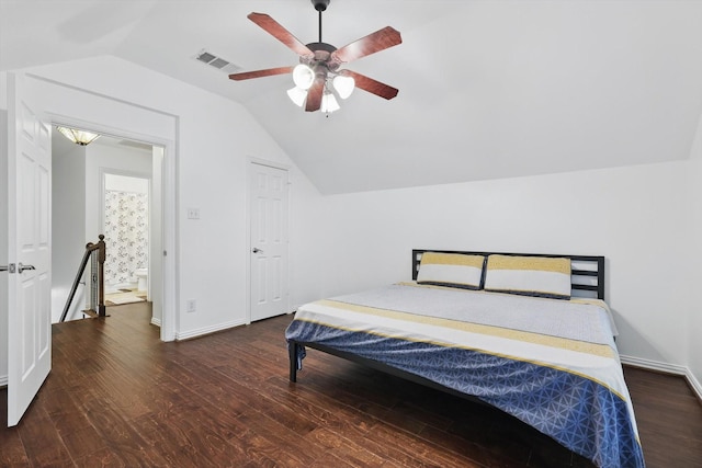 5729 New Castle Dr, Richardson, TX 75082 - bedroom featuring visible vents, baseboards, wood finished floors, and vaulted ceiling