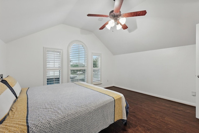 5729 New Castle Dr, Richardson, TX 75082 - bedroom with baseboards, ceiling fan, vaulted ceiling, and wood finished floors