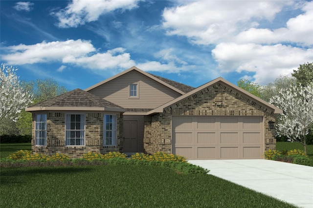 view of front of house featuring concrete driveway, brick siding, an attached garage, and a front yard