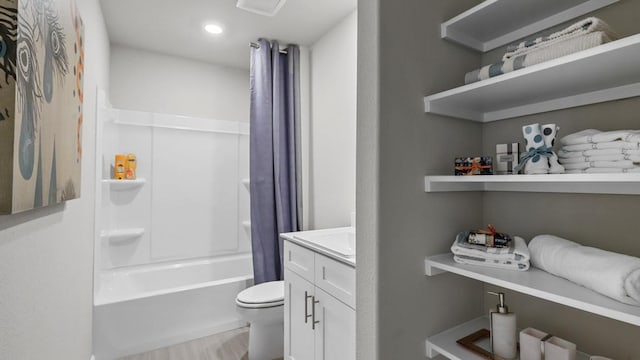 316 Pecos Dr, Azle, TX 76020 - full bath with visible vents, vanity, toilet, shower / tub combo with curtain, and recessed lighting