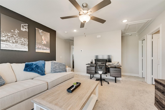 living area featuring ceiling fan, attic access, light colored carpet, baseboards, and recessed lighting