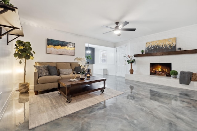 living area with ceiling fan, a fireplace, concrete flooring, and baseboards