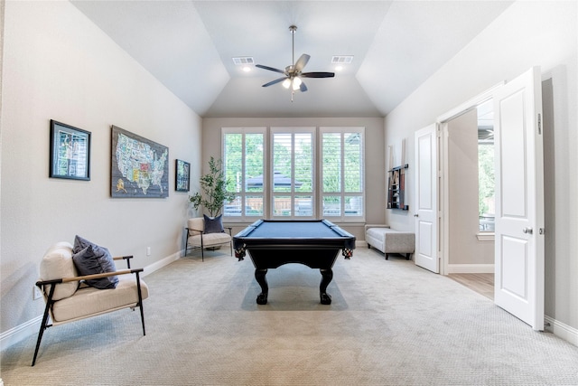 playroom featuring visible vents, lofted ceiling, light carpet, ceiling fan, and pool table