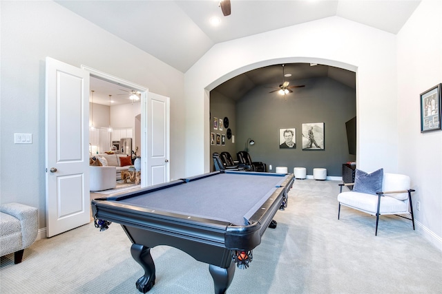 playroom featuring light colored carpet, a ceiling fan, pool table, and vaulted ceiling