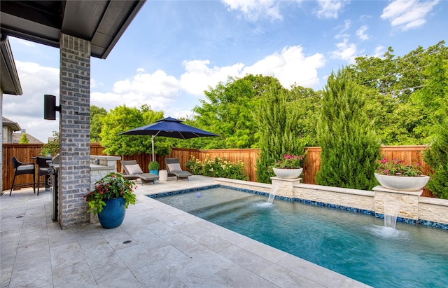 view of swimming pool featuring a fenced backyard, outdoor dry bar, a patio, and a jacuzzi