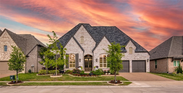 french country style house with brick siding, decorative driveway, a yard, and a garage