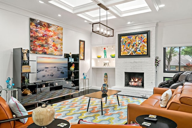 living room with an inviting chandelier, ornamental molding, recessed lighting, coffered ceiling, and a skylight
