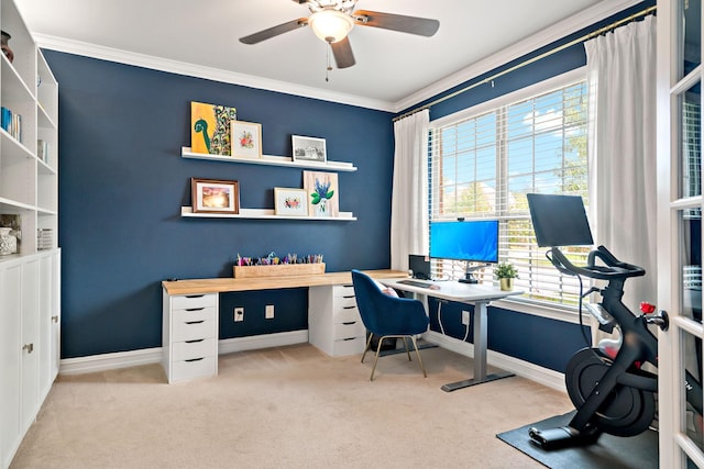 carpeted home office with crown molding, ceiling fan, and baseboards