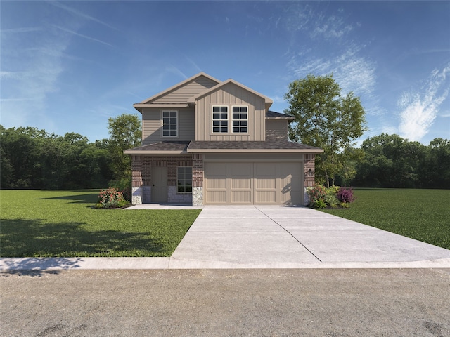 view of front of property featuring a garage, stone siding, driveway, and a front yard